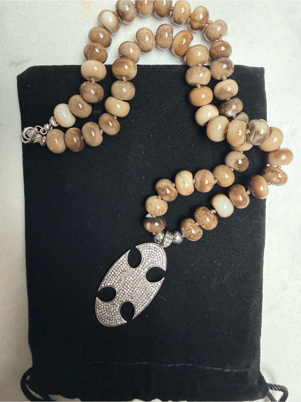 Beige Agate Bead Necklace with Pave Diamond Oval Pendant